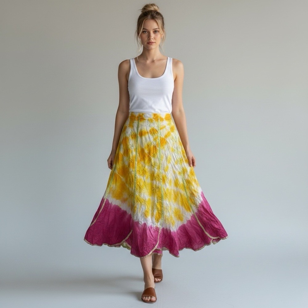 Hippie Y2K Retro Embroidered Festival Tie-dye Wrap Maxi Skirt Free Sz Pink Multi